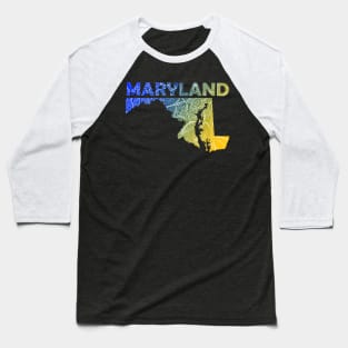 Colorful mandala art map of Maryland with text in blue and yellow Baseball T-Shirt